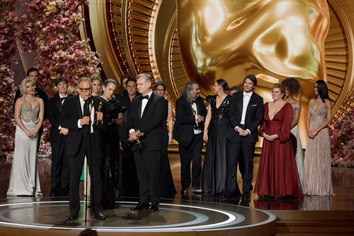 Charles Roven, Emma Thomas, and Christopher Nolan accept the Oscar® for Best Picture during the live ABC telecast of the 96th Oscars® at the Dolby® Theatre at Ovation Hollywood on Sunday, March 10, 2024.  ©A.M.P.A.S.