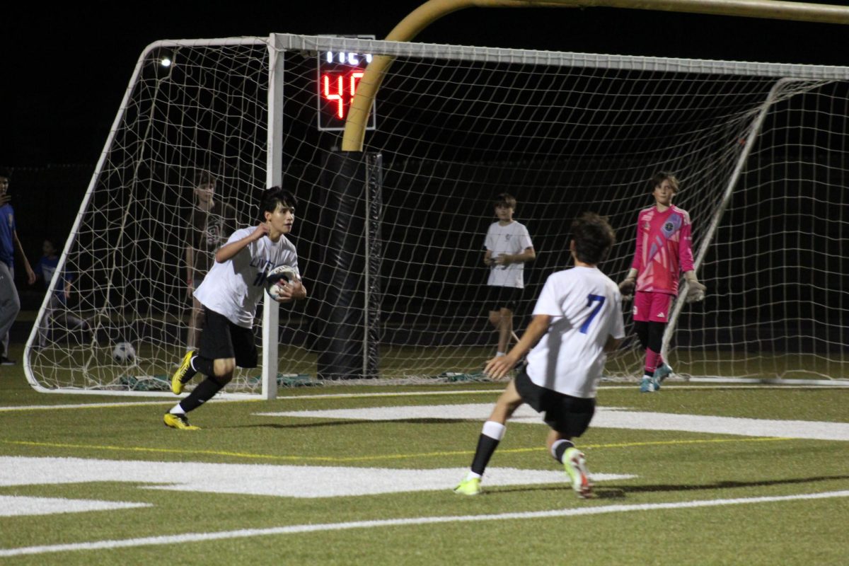8th grader Luca Vallejo celebrating the goal at the Lively Boys Soccer Team Championship Game against Kealing on December 17.